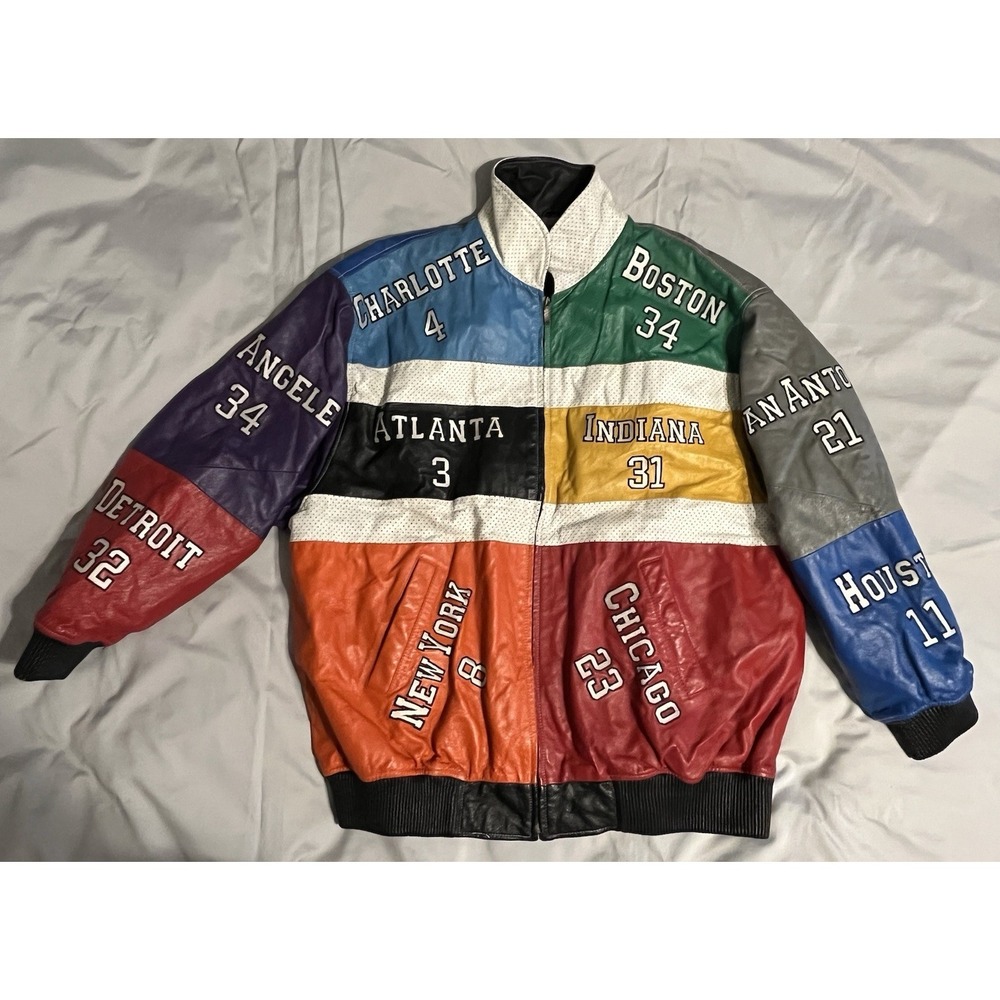 Vintage NBA Leather Jacket Coat Diamond NY Chicago 23 Charlotte 4 Atlanta 3 4X